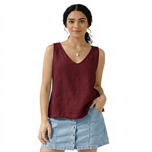 Camiseta sin mangas de algodón tejido con cuello en V para mujer, personalizada OEM de primera calidad, con botones y cuentas, forro suave, transpirable, blusa de verano sin mangas. - Product Image 6