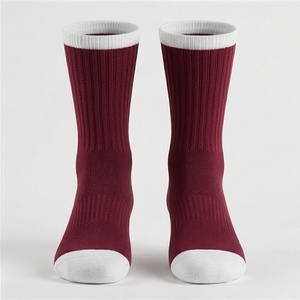 Maroon Crew <b>Socks</b> With White Trim Breathable Knitted Solid Color For Daily Casual Wear Adults Standard Thickness - Product Image 1