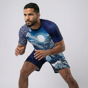 Ensemble Rash Guard à Manches Courtes pour Homme avec Imprimé Vague par Sublimation, Séchage Rapide, 100% Spandex Polyester, Short MMA et Rash Guard - Product Image 3