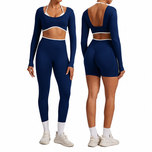 Leggings de sport unis respirants sans coutures, ensembles de compression, bas de yoga, ensembles 3 pièces personnalisés pour femmes, Spandex/Nylon, pour la gym - Product Image 1