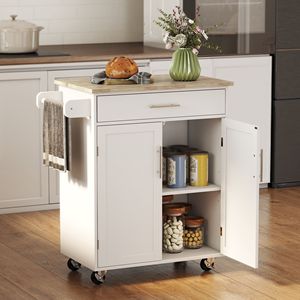 Carrello da Cucina Moderno Bianco con Isola, Armadietto con Cassetti, Portasciugamani, Portatile, Realizzato in Acciaio, Legno e MDF - Product Image 2