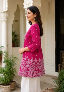 Top Etnico Casual da Donna in Cotone 100% Antipiega con Stampa Geometrica <span class=keywords><strong>Fucsia</strong></span>, Kurti Corto a Tre Quarti per Uso Quotidiano - Product Image 3