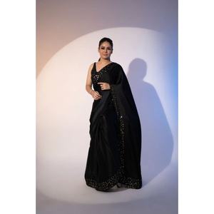 TENDENCIA GEORGETTE SECUENCIA DE ENCAJE BORDE TRABAJO SAREE CON BLUSA DESCOSADA NEGRO - Product Image 1