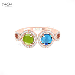 Anillo de Doble Halo con Peridoto y Topacio Azul Suizo de 5mm en Oro Fino de 14k, Anillo de Aniversario de Bodas con Diamantes, en Tendencia - Product Image 3