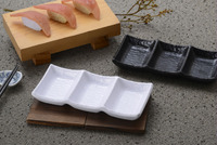 Plat à sauce rectangulaire en mélamine de qualité A5 à 3 compartiments, noir et blanc, en grès, pour accompagnements alimentaires des restaurants asiatiques