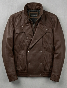 Chaqueta de hombre de cuero de cordero marrón premium, estilo holgado con cierre de cremallera, estilo urbano, talla grande. - Product Image 1