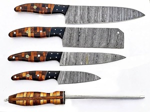 Juego de Cuchillos de Cocina de Acero de Damasco, 5 Piezas, Mango de Madera, Cuchillos de Chef de Hoja Recta, Hoja Biselada, Calidad Industrial - Product Image 4