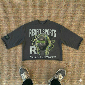 REXFIT SPORTS Men's Oversized Crop T-Shirt Short Sleeve O-Neck Streetwear Photo Print Jersey Fabric Dtreetwear Style <b>Tee</b> - Product Image 1