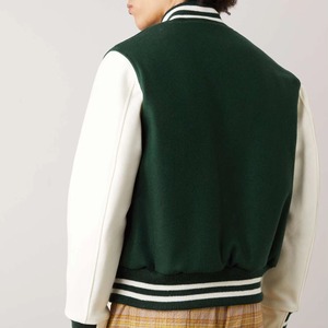 Men's Green Varsity Jacket White Sleeve Preppy Style Regular Fit Button Closure Turn-down Collar Autumn <b>Wool</b> Polyester Front - Product Image 5