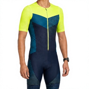 Combinaison de cyclisme pour homme, jaune fluo et bleu, aérodynamique, séchage rapide, compression modérée, extensible dans les 4 sens, manches courtes, fermeture éclair intégrale - Product Image 4