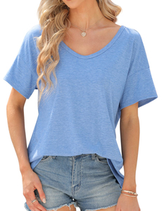 T-shirts en toile bleus de haute qualité pour femmes, respirants, anti-boulochage, col en V, manches courtes, grandes tailles, vêtements décontractés de marque - Product Image 6