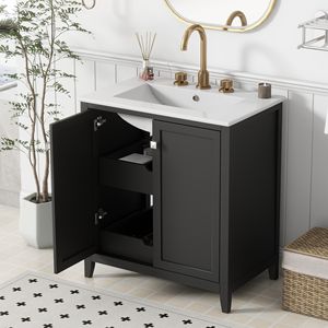 Mobile Bagno Freestanding Stile Shaker da 30 Pollici con Lavabo in Ceramica, 2 Ante e 2 Cassetti - Product Image 3