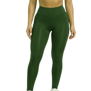 Olive Green Color <b>Leggings</b> <b>with</b> <b>Pocket</b> High Waist Full Length Knitted Spandex Polyester Breathable Quick Dry Women's Activewear - Product Image 1