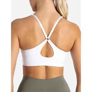 Sujetador deportivo sin costuras con cuello en V profundo y espalda cruzada para mujer, soporte medio, yoga, color liso, tela elástica - Product Image 3