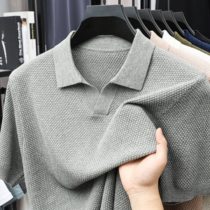 Men's Summer Breathable 100% Cotton <b>Waffle</b> Knitwear Vintage Johnny Collar Short Sleeve Color <b>Blocked</b> for Shirt Slim Fit - Product Image 4