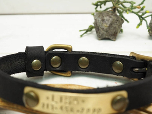 Leather Handmade Dog <b>Collar</b> With Solid Brass Gold Pet Custom Tags - Product Image 2