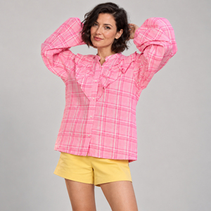Blusa Rosa a Cuadros con Volantes y Cuello Camisero, Manga Larga Abullonada con Botones, para Mujer, ODM, Uso Diario Informal - Product Image 3
