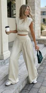 Ensemble 2 pièces pour femme, haut court à manches courtes beige uni et pantalon long à jambes larges taille haute, tenue décontractée d'été - Product Image 5