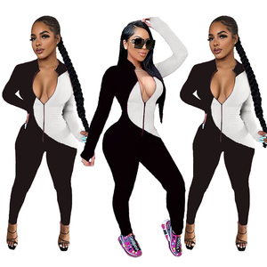 Mono de manga larga para mujer, negro y blanco en contraste, cintura alta, ajuste ceñido, cuello en V, cremallera frontal, licra y poliéster, ropa de club - Product Image 1