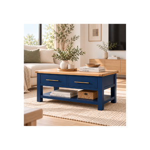 CASCAIS Collection Premium Navy Blue And Natural Oak Finish Wooden Coffee <b>Table</b> 2 Drawers For <b>Living</b> <b>Room</b> Furniture - Product Image 1