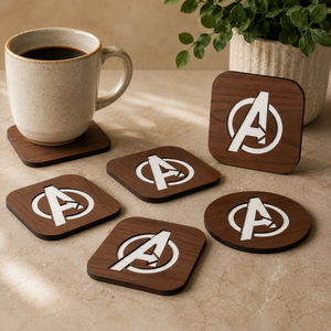 Avengers Logo Solid Wood Coaster Set Handcrafted Heat Resistant Drink <b>Mat</b> Superhero Table Protector Coffee Tea Cup Holder - Product Image 1