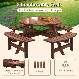 Tavolo da Picnic Circolare in Legno per 8 Persone con 3 Panche Integrate per Patio, Cortile o Giardino - Grigio - Product Image 3