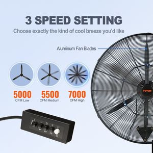 24-Inch Wall-Mount <b>Misting</b> <b>Fan</b> 3-Speed High Velocity Max 7000 CFM Waterproof Oscillating <b>for</b> Commercial Residential Black ETL - Product Image 3