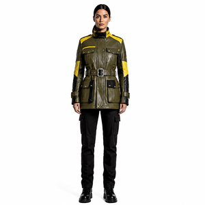 <b>Women's</b> Color-Block Sheep Nappa Leather Field <b>Jacket</b>-Quilted Windproof Sustainable <b>Utility</b> Motorcycle <b>Jacket</b> Belted 3D Pockets - Product Image 1
