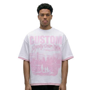 Camiseta de Manga Corta Oversize para Hombre, Blanca con Estampado Gráfico Rosa, Cuello Redondo, Ribete en Contraste, Estilo Urbano - Product Image 4