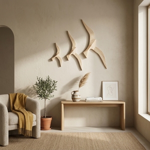 Ensemble de 3 sculptures murales en bois sculpté 3D d'oiseaux, style minimaliste, en forme de mouettes volantes, pour salon et entrée - Product Image 5