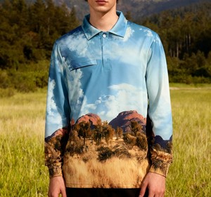 Polo à manches longues pour homme avec impression photo de paysage désertique, coupe classique, tissu tissé décontracté - Product Image 1