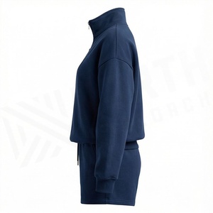 Conjunto de 2 Piezas de Felpa para Mujer, Sudadera con Cierre y Cuello Alto y Pantalones Cortos por Encima de la Rodilla, Color Sólido, Corte Holgado, para Todas las Temporadas - Product Image 3