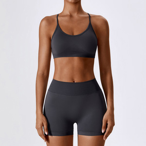 Women Yoga Set 2 Piece Solid Color <b>Ruched</b> Seamless High Waist <b>Shorts</b> Racerback Crop Top Four-Way Stretch Fitness Gym Workout - Product Image 5