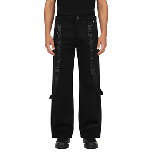 Pantalon cargo punk gothique personnalisé pour hommes et femmes, noir, coupe large, avec anneaux en D et sangles, style Y2K streetwear, en polyester épais - Product Image 1