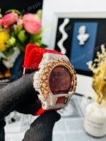 Montre numérique légère à boîtier rond, bracelet en caoutchouc rouge, pierres de moissanite, style minimaliste hip-hop, unisexe, pour usage quotidien adulte