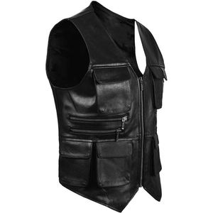 Gilet en cuir véritable pour homme, col en V, fermeture éclair, plusieurs poches, style motard, vêtement d'extérieur pour l'automne, coupe classique - Product Image 2