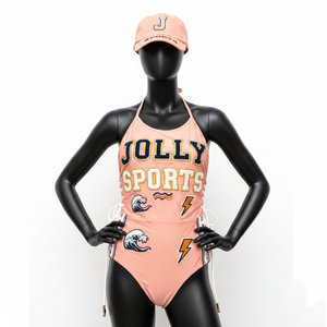 Maillot de bain une pièce pour femme en tissu poly-spandex haute élasticité avec panneaux latéraux à cordon de serrage et logo thermocollé personnalisé - Product Image 1