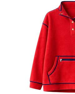 Sweat-shirt rouge surdimensionné en polaire pour femme avec col à boutons, poche kangourou, liseré contrastant, épais, décontracté pour l'hiver - Product Image 3