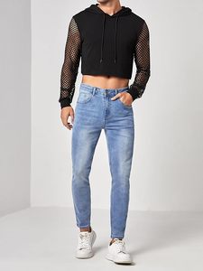 <b>Fishnet</b> Mesh Long Sleeve Drawstring Crop Hoodie Sweatshirt Pullover - Product Image 3