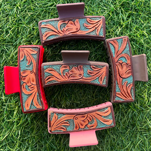 New Arrival Hot Selling Western Stylish Handmade Tooled Engraved Leather Hair Claw <b>Clips</b> Leather Claw Hair Accessories for Women - Product Image 3