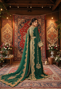 Caftan marocain Mishkat Couture en velours prune vert émeraude, maxi, manches longues, élégant, pour soirée, hiver, col en V, ourlet évasé - Product Image 3