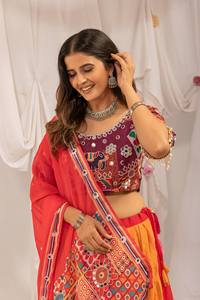 Traditional Indian/Pakistani Women's <b>Lehenga</b> Choli Set <b>Red</b> Orange Embroidered Floor-Length Wedding Wear Polyester Loose Fit - Product Image 3
