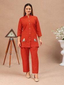 Conjunto de Kurta de Algodón Rojo para Mujer, de Secado Rápido, para Todas las Temporadas, con Bordado, Top de Longitud Media y Pantalón, Ropa Casual - Product Image 6