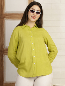 <b>Women's</b> Lime Green <b>Linen</b> Button Down Shirt Full Sleeve Turn-down Collar Casual Regular Fit Spring Summer Solid Color Woven <b>Top</b> - Product Image 4