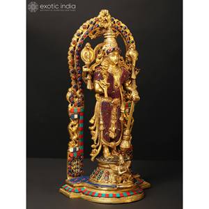 16 \ "Lord Vishnu de pie en Kirtimukha Throne con Garuda Escultura de latón Trabajo de incrustaciones intrincadas Colección de esculturas elegantes - Product Image 4