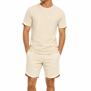 FASMIC Men Streetwear Casual T-Shirt Shorts <b>Set</b> Beige Polyester <b>Knitted</b> Breathable Summer Wear Crew Neck Digital Printed Solid - Product Image 6