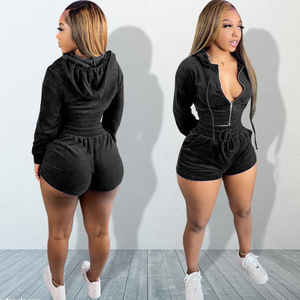 Women's <b>Black</b> Velvet Hooded Zipper <b>Jumpsuit</b> Full Sleeve Solid Color Casual <b>One</b> Piece Set Breathable Knitted <b>All</b> Seasons Wear - Product Image 4