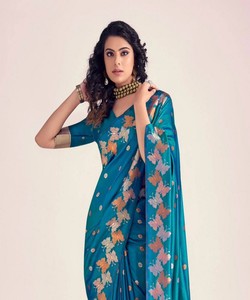 Teal Silk Saree With Butterfly Print Elegant Indian Wedding Wear For Women Regular Fit <b>Floor</b> Length Ready To Ship - Product Image 3