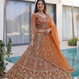 Lehenga Choli Dupatta Vintage con Bordado Tradicional, Material de Red de Mariposa Reciclado, Suave y de Secado Rápido para Bodas y Fiestas - Product Image 1