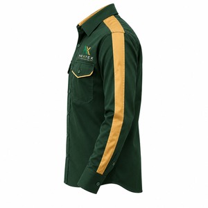 Camisa de trabajo de algodón de alta visibilidad para hombre, manga larga, con botones, en marrón y verde, transpirable. - Product Image 2